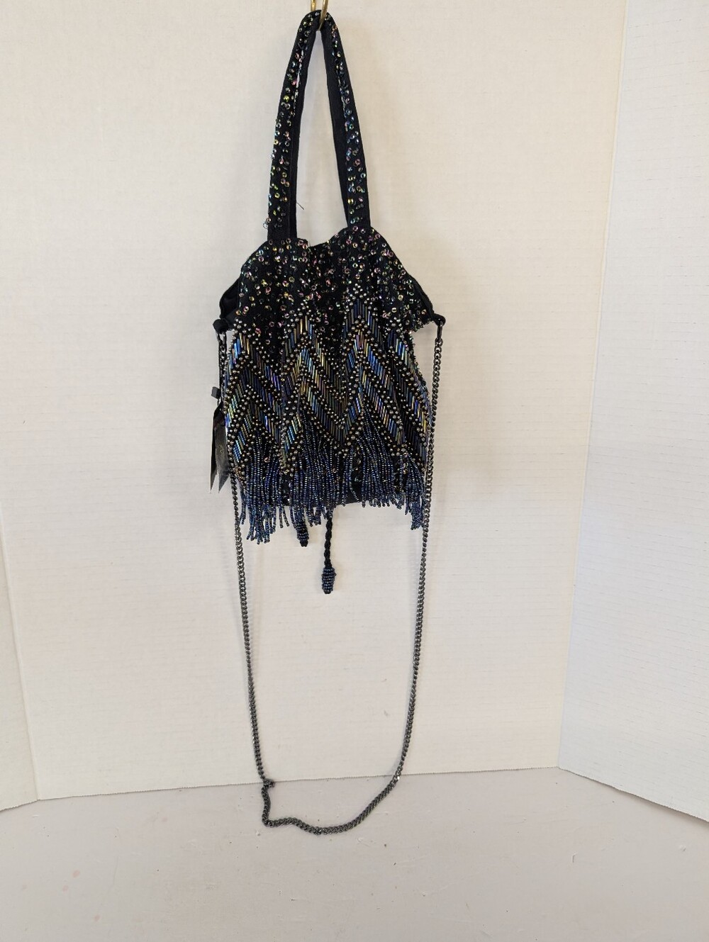Bag Mini Black Beaded Fringe Iridescent Drawstring Evening Bag By Zara NWT - Picture 3 of 3